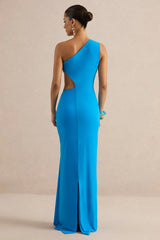 Maelys | Blue Asymmetric-Neck Maxi Dress With Body Cut-Outs And Gold Detailing