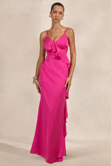 Marcelina | Hot Pink Satin V-Neck Maxi Dress With Ruffled Detailing