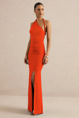 Elirae | Orange Asymmetric-Neck Maxi Dress With Twist Strap And Front High Split