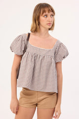 Luck & Trouble Adele Babydoll Top Brown Check