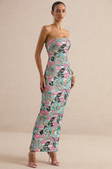 Xandra | Light Blue Floral Print Sequin Bandeau-Neck Maxi Dress