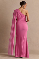 Aylena | Pink Asymmetric-Neck Maternity Maxi Dress With Sash Detail