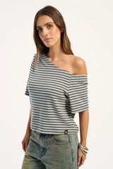 Rusty Sally Slouch Stripe Off Shoulder Top Grey/Egret Stripe