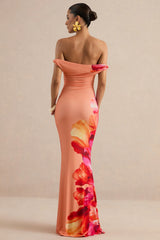Katia | Hot Pink Placement Floral Print Asymmetric-Neck Maxi Dress
