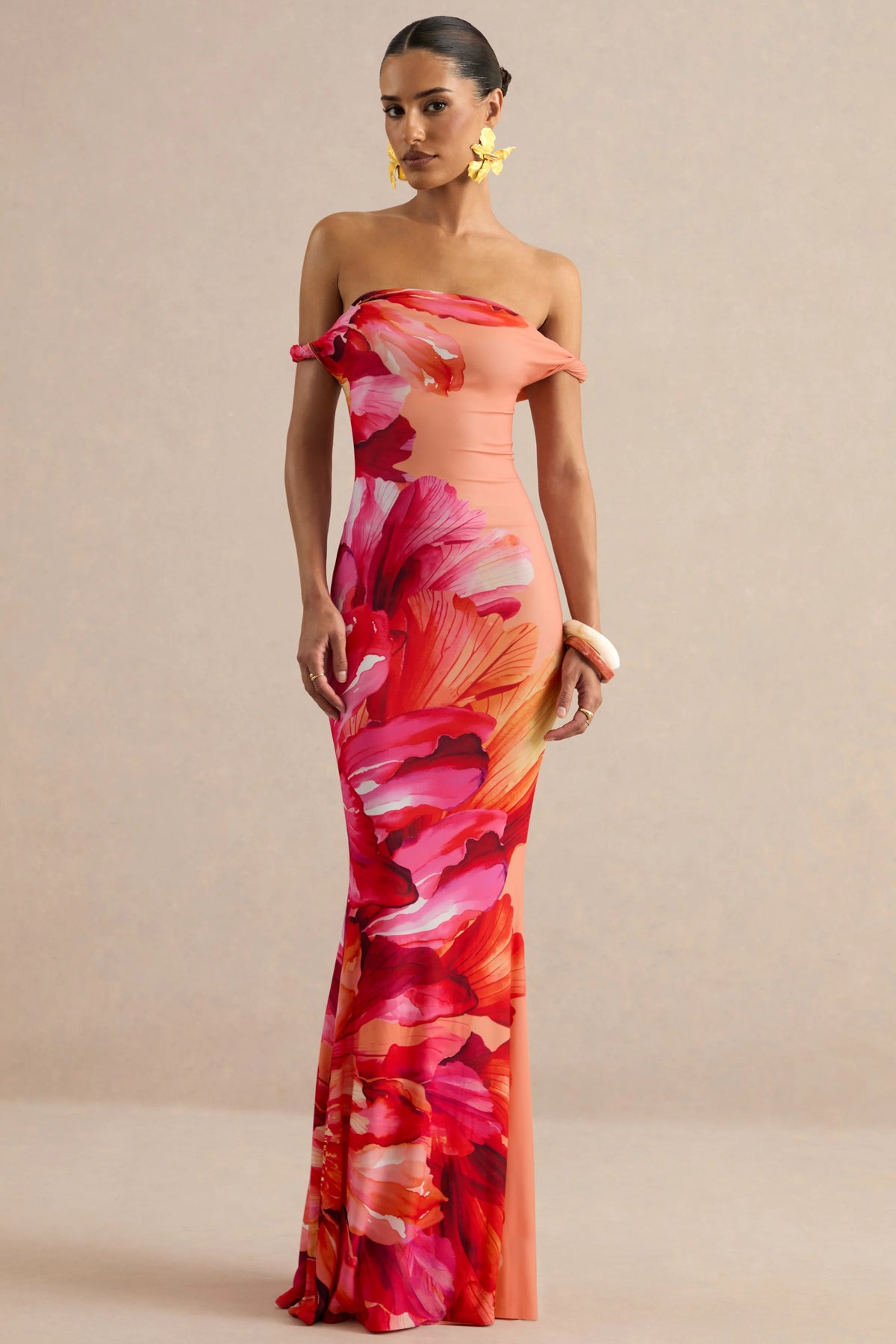 Katia | Hot Pink Placement Floral Print Asymmetric-Neck Maxi Dress