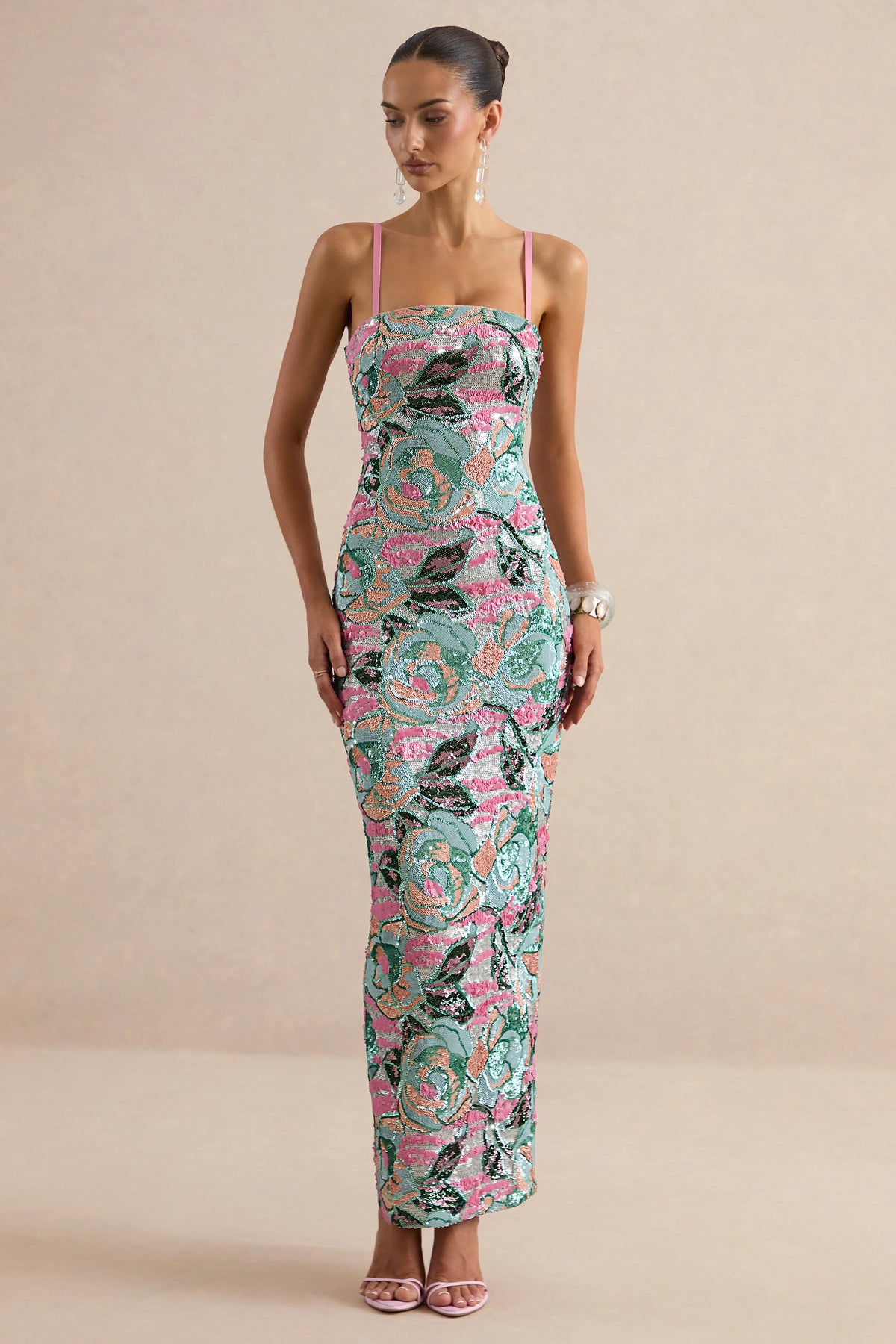 Xandra | Light Blue Floral Print Sequin Bandeau-Neck Maxi Dress