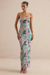 Xandra | Light Blue Floral Print Sequin Bandeau-Neck Maxi Dress