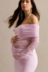 Artemisia | Light Pink Bardot-Neck Maternity Maxi Dress With Lace Detailing