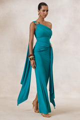 Sariah | Teal Asymmetric-Neck Maxi Dress With Gathered Detailing And Gold Details