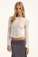 Motel Halfi Long Sleeve Top Hibiscus Crochet Lace Ivory