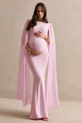 Calitheia | Light Pink Round-Neck Maternity Maxi Dress With Long Floaty Mesh Sleeves
