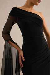 Evony | Black Asymmetric-Neck Maxi Dress With Sheer Cape Sleeve