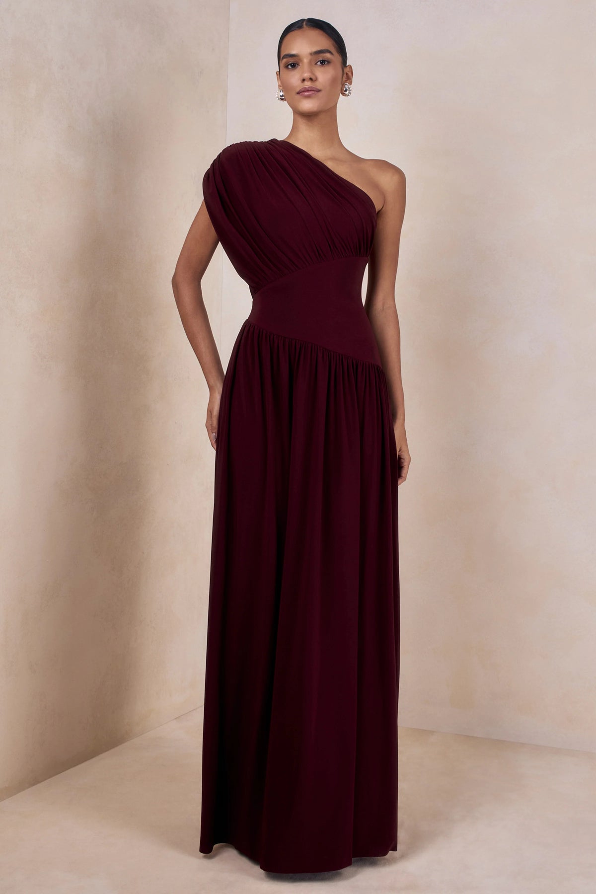 Kelsey | Burgundy Asymmetric-Neck Maxi Dress With Ruched Detailing