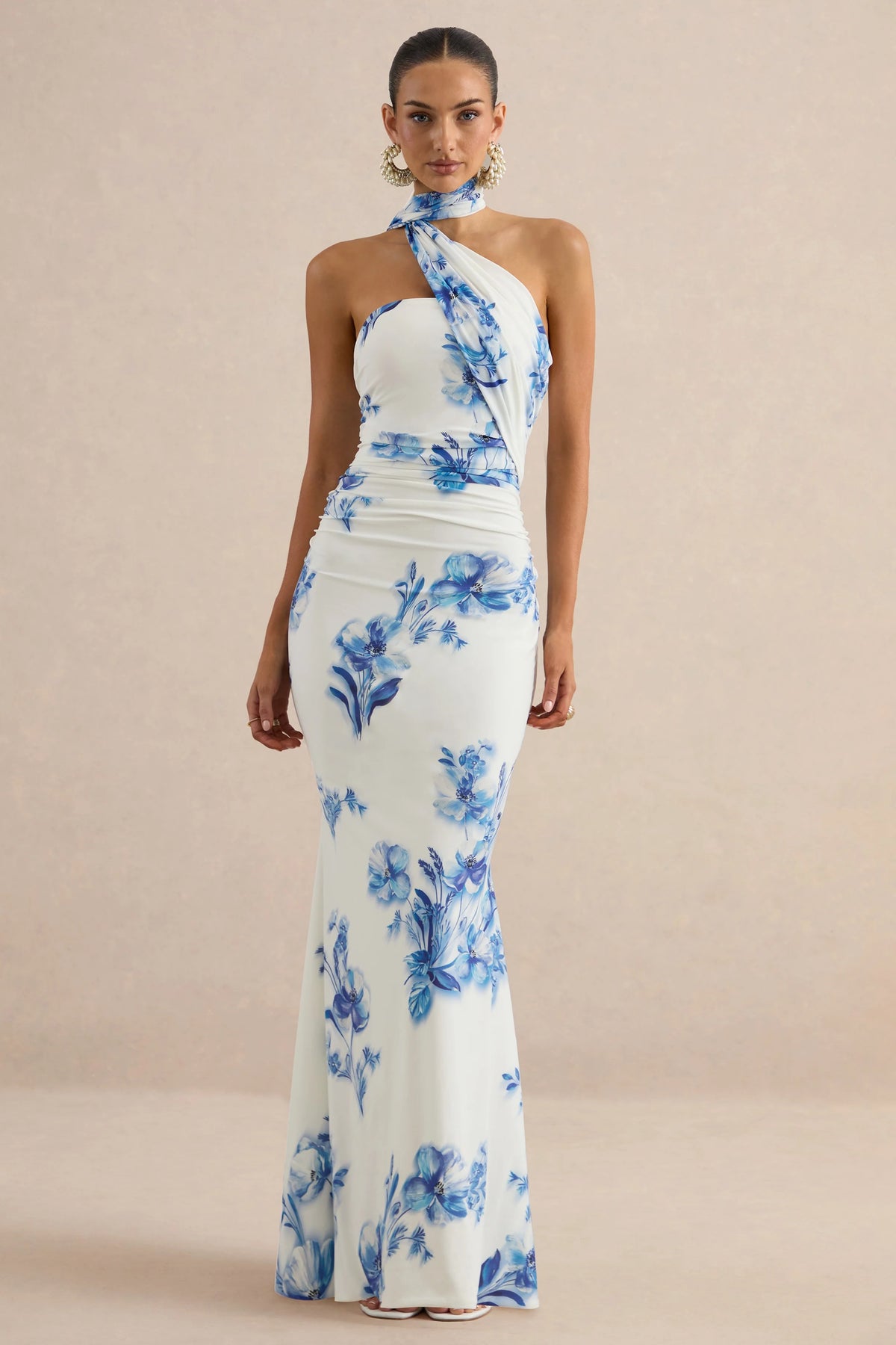 Iraida | Blue Floral Print High-Neck Maxi Dress With Scarf Detail