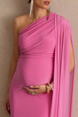 Aylena | Pink Asymmetric-Neck Maternity Maxi Dress With Sash Detail
