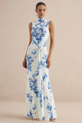 Isella | Blue Floral Print High-Neck Maxi Dress With Gathered Detailing