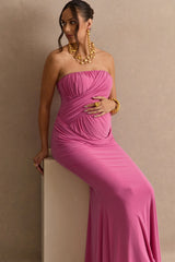 Casilda | Pink Bandeau-Neck Maternity Maxi Dress With Draped Detailing