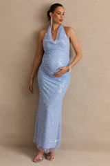 Tamera | Blue Mesh Cowl-Neck Maternity Maxi Dress With Draped Detailing