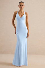 Goldiea | Light Blue Halter-Neck Fishtail Maxi Dress