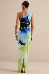 Niya | Lime And Blue Floral Placement Print Asymmetric-Neck Maxi Dress