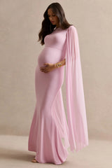 Calitheia | Light Pink Round-Neck Maternity Maxi Dress With Long Floaty Mesh Sleeves