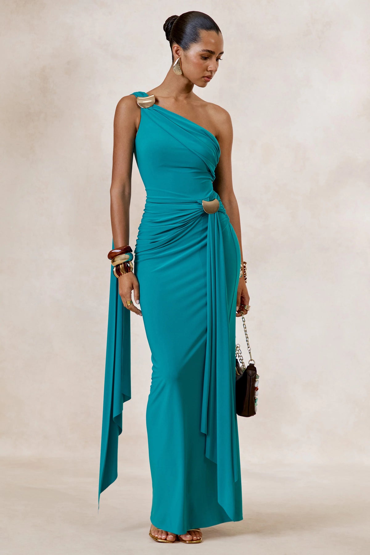 Sariah | Teal Asymmetric-Neck Maxi Dress With Gathered Detailing And Gold Details