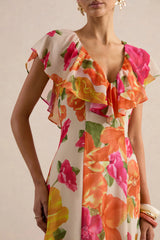 Naelle | Orange Floral Print Chiffon Plunge-Neck Maxi Dress With Ruffled Detailing