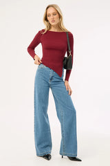Perfect Stranger Long Sleeve Asymmetrical Knit Top Burgundy