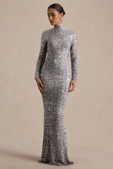 Galaxy | Silver Sequin Turtle-Neck Long-Sleeve Maxi Dress