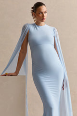 Calitheia | Light Blue Round-Neck Maternity Maxi Dress With Long Floaty Mesh Sleeves
