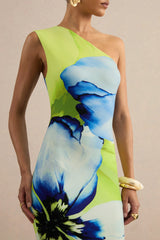 Niya | Lime And Blue Floral Placement Print Asymmetric-Neck Maxi Dress
