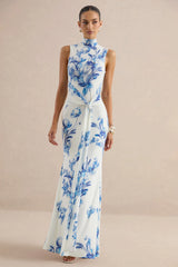 Isella | Blue Floral Print High-Neck Maxi Dress With Gathered Detailing