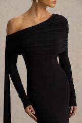 Octavia | Black Bardot-Neck Maxi Dress With Cape And Ruched Detailing