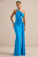 Maelys | Blue Asymmetric-Neck Maxi Dress With Body Cut-Outs And Gold Detailing