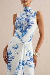 Isella | Blue Floral Print High-Neck Maxi Dress With Gathered Detailing