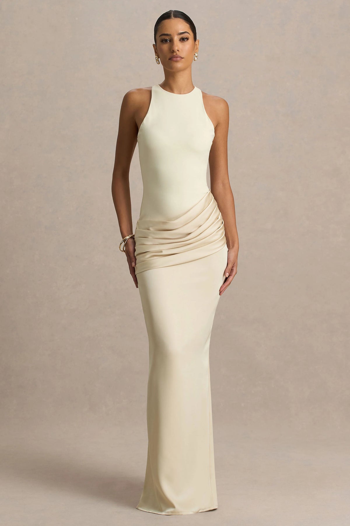 Akari | Cream Crew-Neck Maxi Dress With Satin Skirt