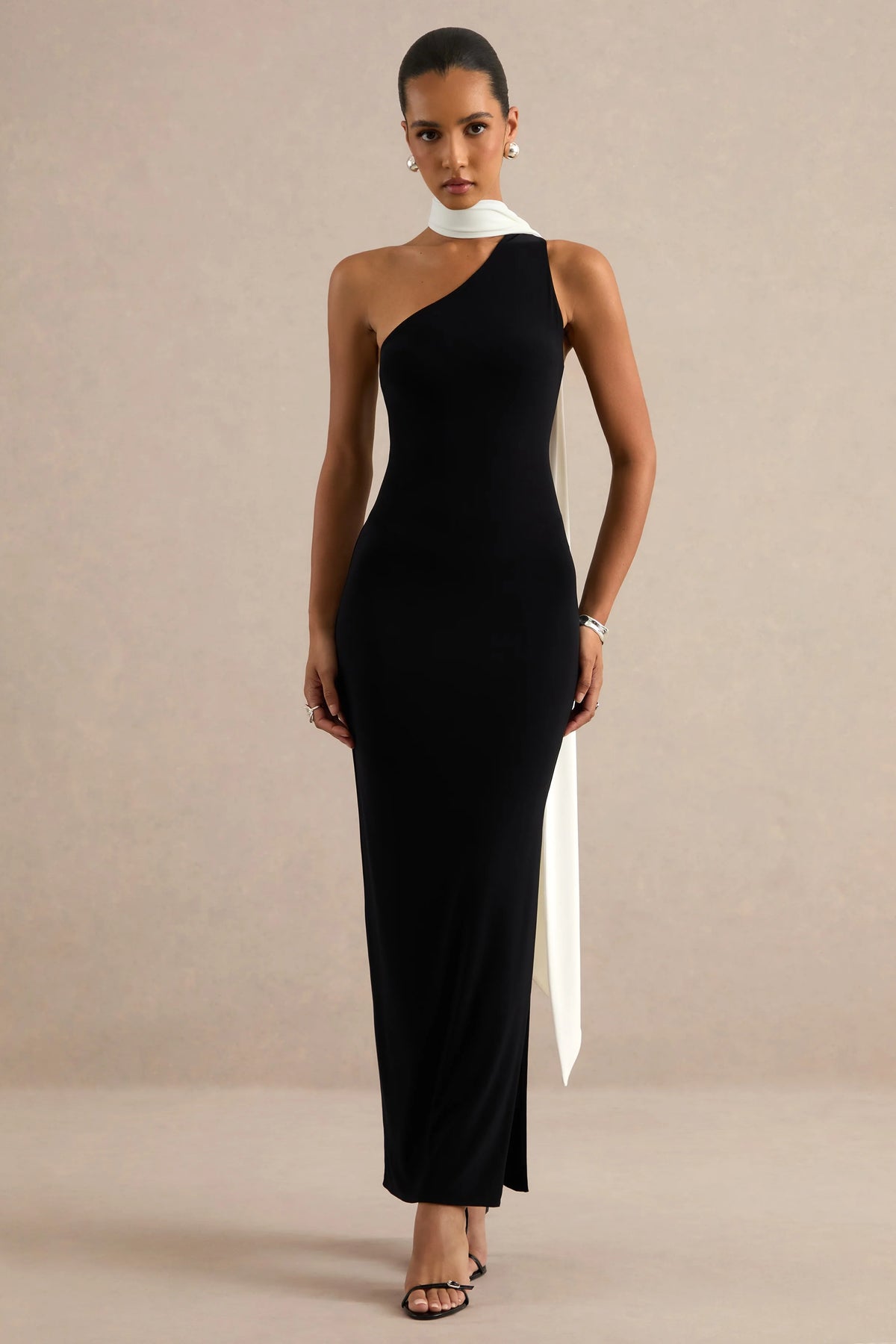 Lirienne | Black & White Asymmetric-Neck Maxi Dress With Scarf Detail