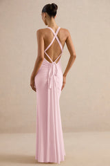 Goldiea | Light Pink Halter-Neck Fishtail Maxi Dress