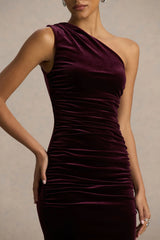 Treat | Burgundy Velvet Asymmetric-Neck Maxi Dress With Ruched Detailing.