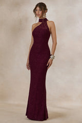 Almaria | Burgundy Lace Asymmetric-Neck Maxi Dress With Collar-Detail