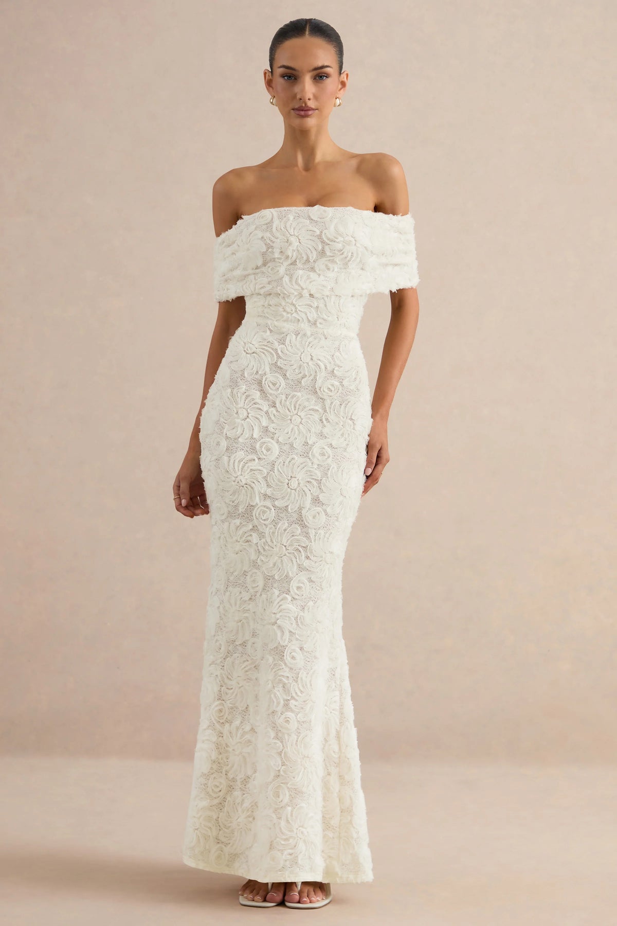 Xara | White Lace Bardot-Neck Maxi Dress