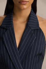 Eve | Navy Pinstripe Plunge-Neckline Tailored Maxi Dress