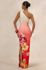 Hazel | Orange And Pink Floral Print Asymmetric-Neck Maxi Dress
