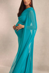 Aylena | Turquoise Asymmetric-Neck Maternity Maxi Dress With Sash Detail