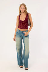 Motel Lihat Top Botanical Flock Flower Maroon