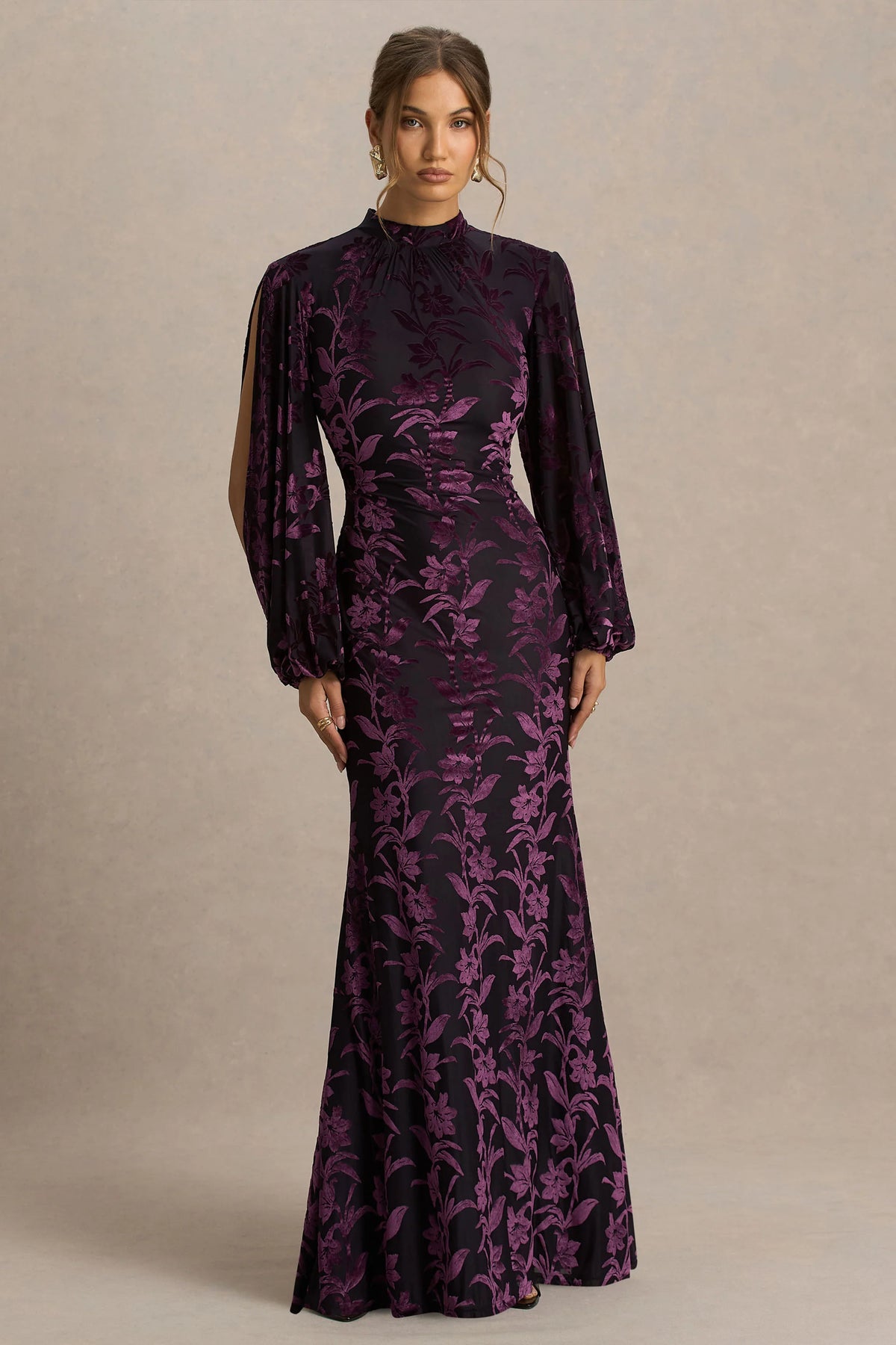 Janet | Black And Purple Devore High-Neck Maxi Dress With Cut-Out Details