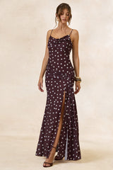 Virtue | Brown & White Sheer Polka Dot Cowl-Neck Fishtail Maxi Dress With Split