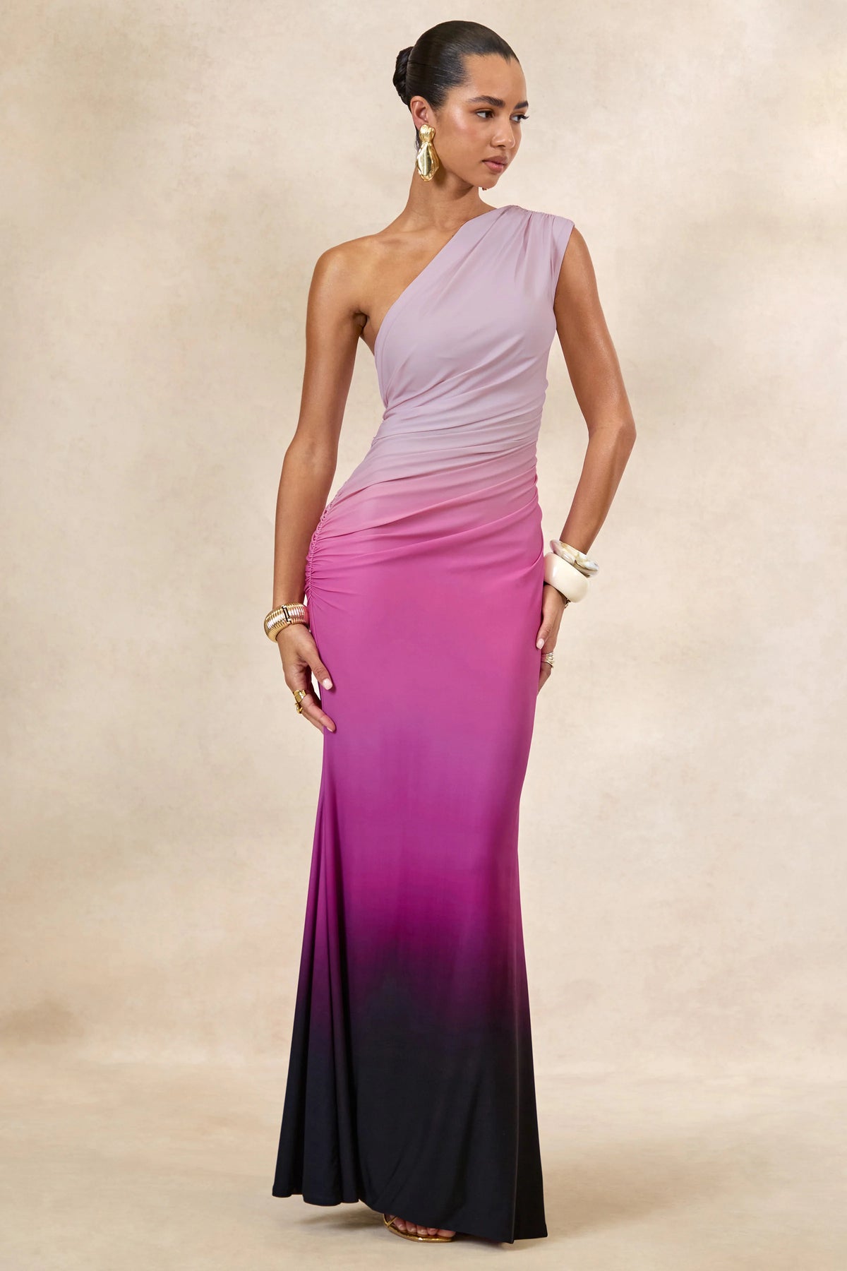 Lauretta | Pink Ombre Asymmetric Maxi Dress With Ruching