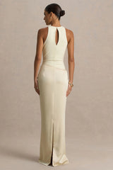Akari | Cream Crew-Neck Maxi Dress With Satin Skirt