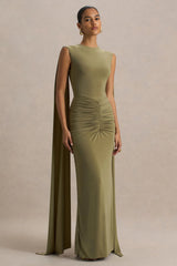 Premiere | Olive Boat-Neck Maxi Dress With Cape-Sleeves And Open-Back